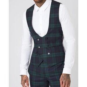 Twisted Tailor Ginger Tartan Plaid Waistcoat Vest 40R‎ Green Wool Skull Lining